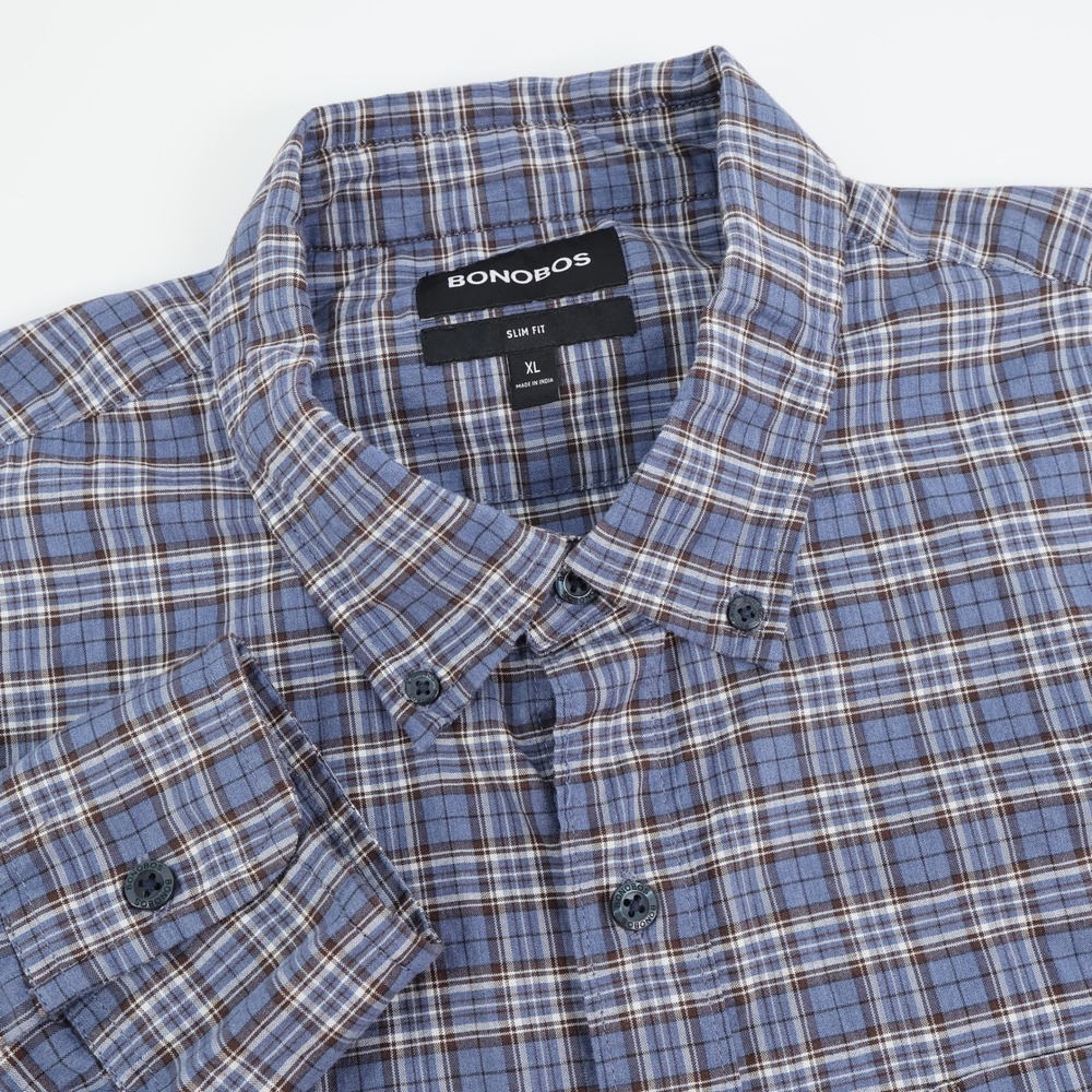 Bonobos Mens XL Slim Fit Button Down Shirt Blue Plaid Casual‎ Cotton Blend